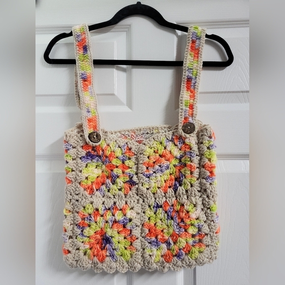 Handmade Handbags - Womens Handmade Colorful Crochet Granny Square Crop Top Size Estimated To Be Med